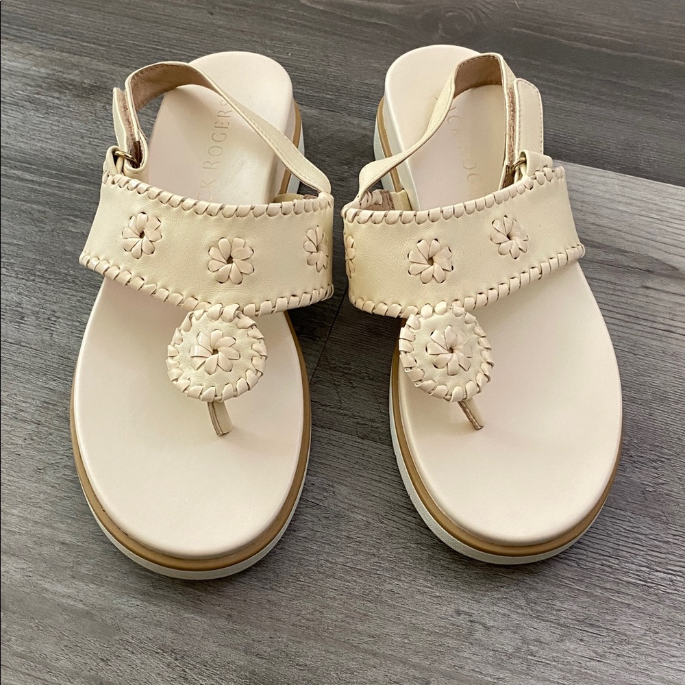 Jack Rogers Leather T Strap Sandals Ankle Strap Closure Cream Flower 6.5 B